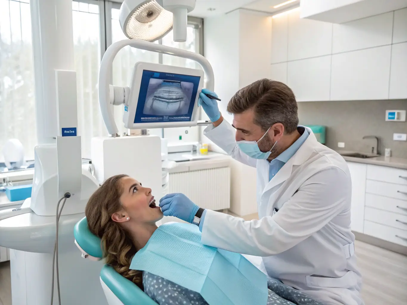 A modern dental office with digital x-ray equipment and a dentist consulting with a patient, illustrating the technology needs of the dental industry.