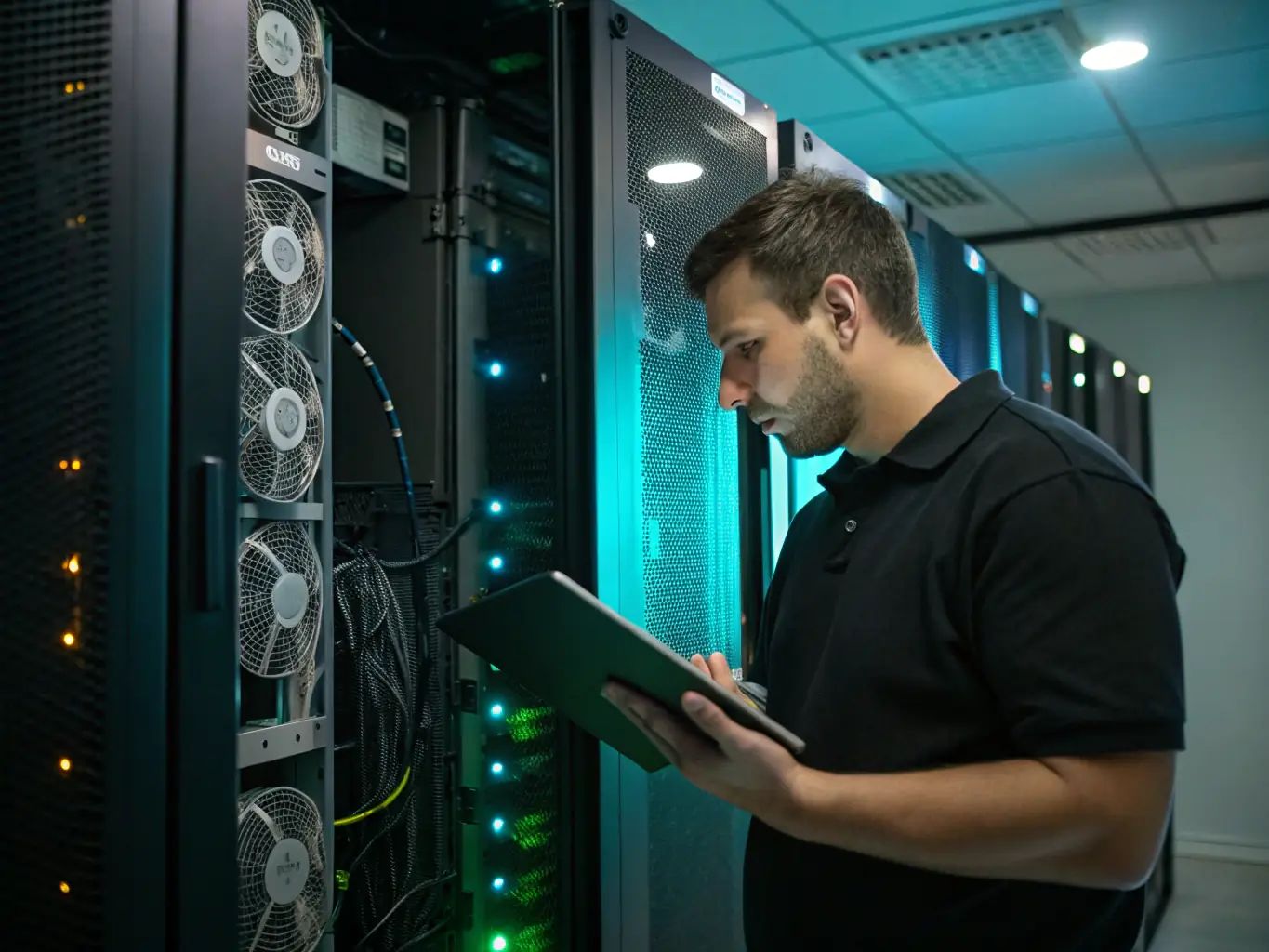 A professional IT technician remotely monitoring a network server room, ensuring optimal performance and security for Spring IT Services' clients.