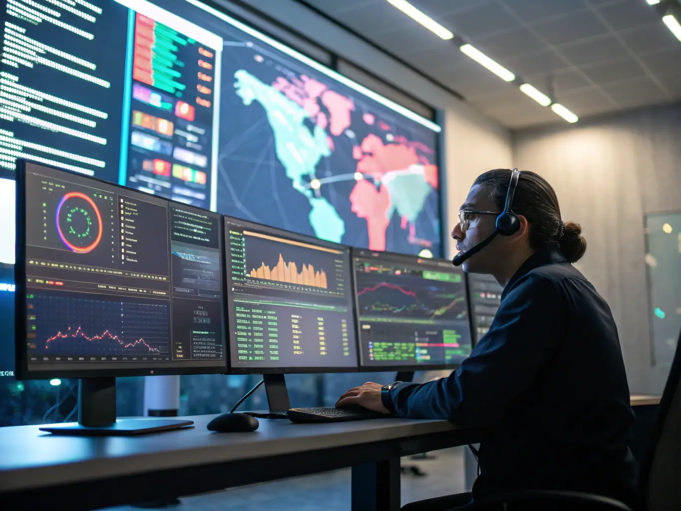 A security analyst reviewing cybersecurity dashboards on multiple monitors, illustrating Cybersecurity solutions.