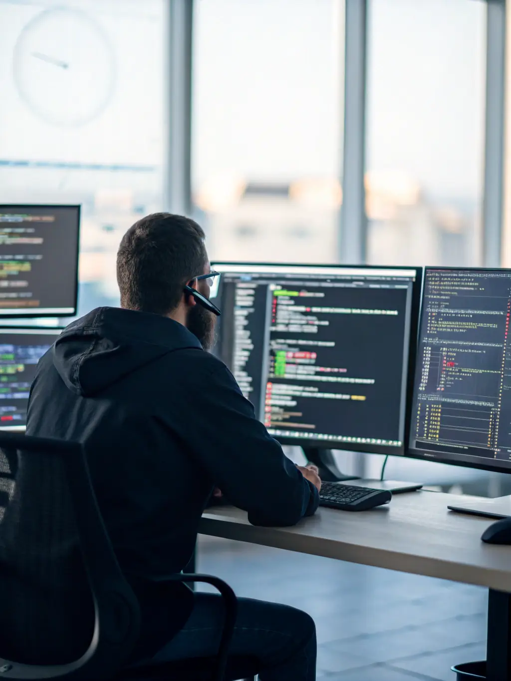 A professional IT technician remotely monitoring a network operations center, ensuring optimal performance and security for a client's IT infrastructure.