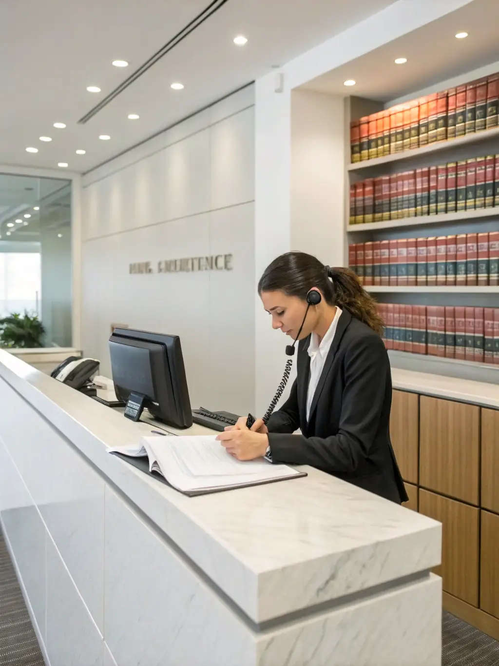 A busy law firm with lawyers working on laptops and desktops, emphasizing the importance of data security and efficient document management in the legal field.