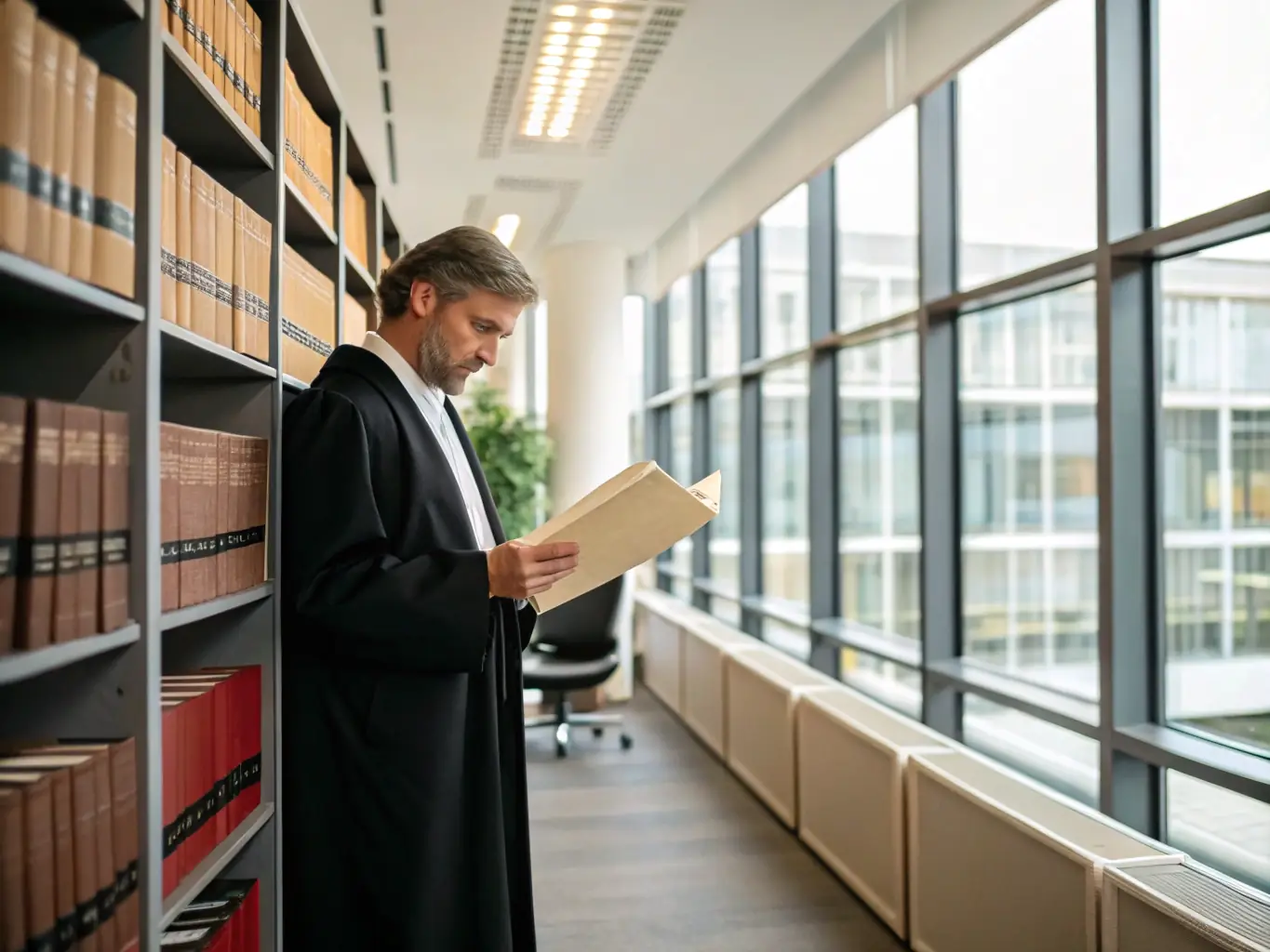 A busy law firm office with lawyers working on computers and reviewing documents, showcasing the need for secure and efficient IT systems in the legal industry.