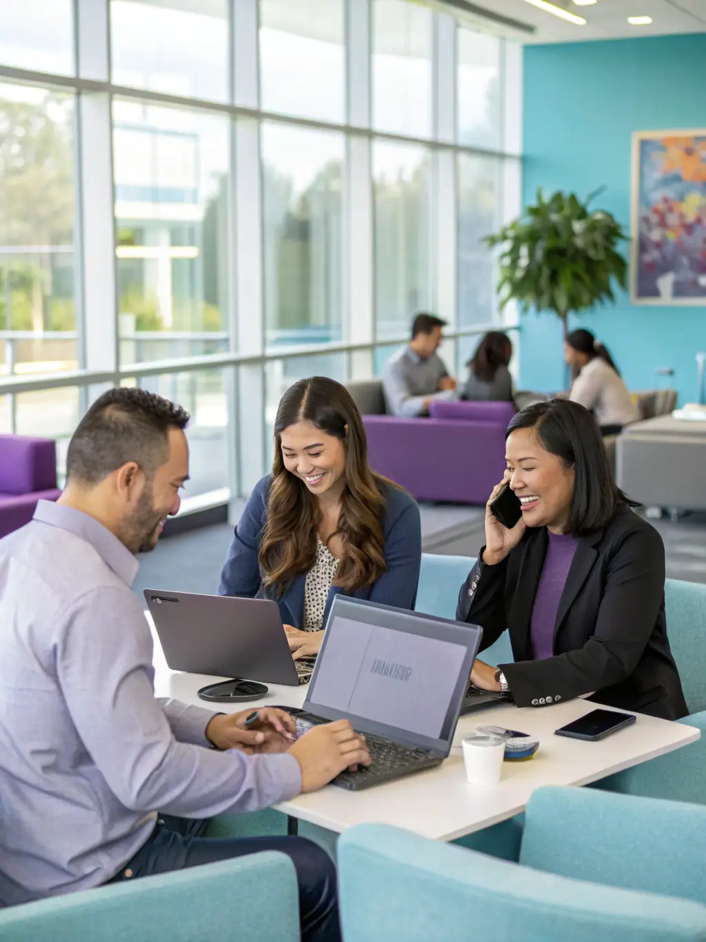 A modern office environment with employees using VoIP phones, showcasing clear communication and efficient collaboration.