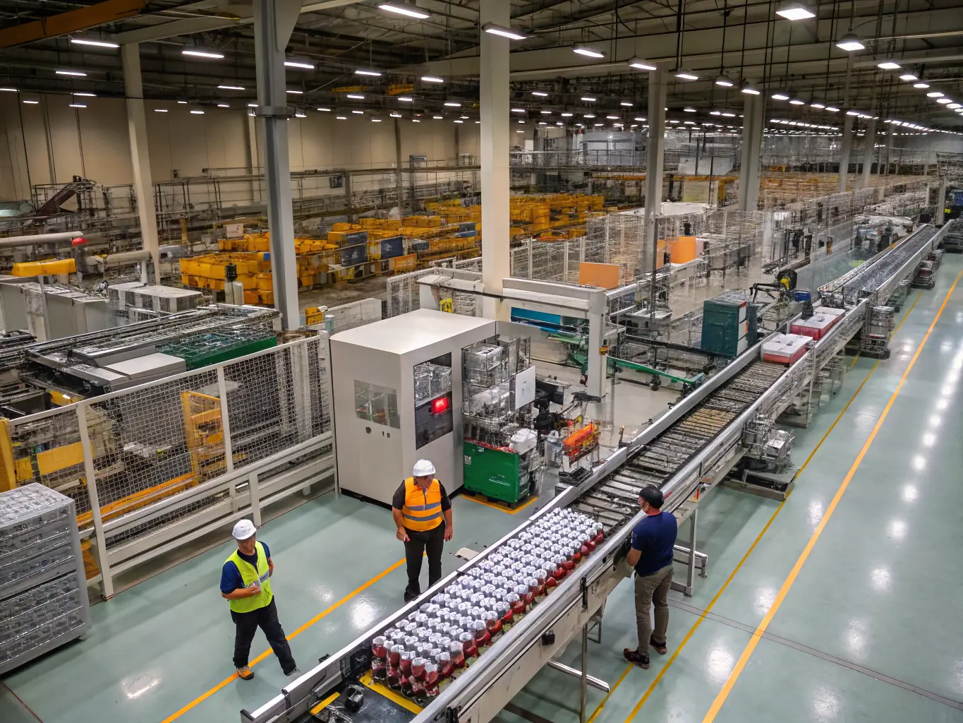 A manufacturing plant with automated machinery and technicians monitoring the production process, highlighting the need for robust and reliable IT infrastructure in manufacturing.